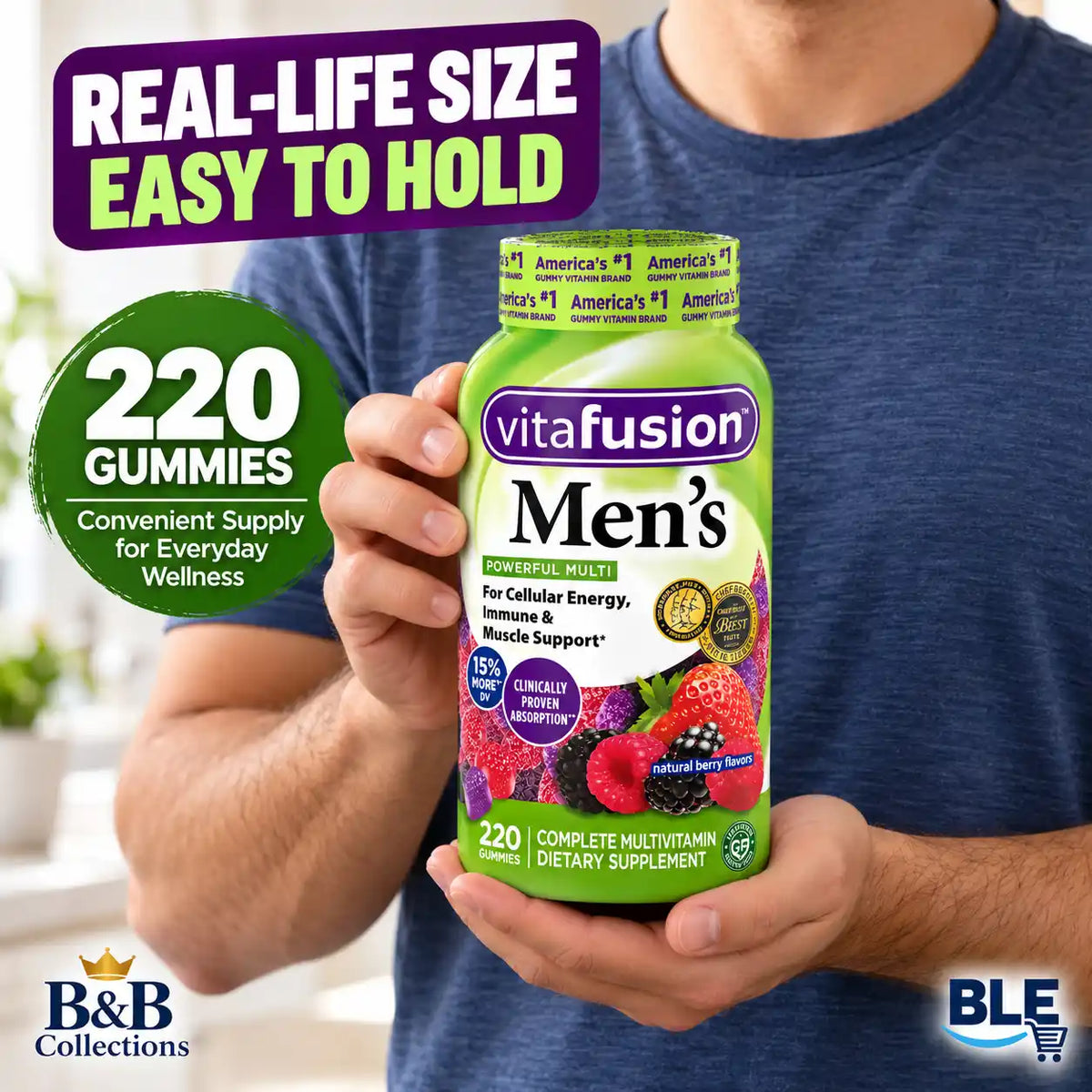 vitafusion Men's Complete Multivitamin Gummies, Natural Berry Flavors, Cellular Energy, Immune & Muscle Support, 220 Count