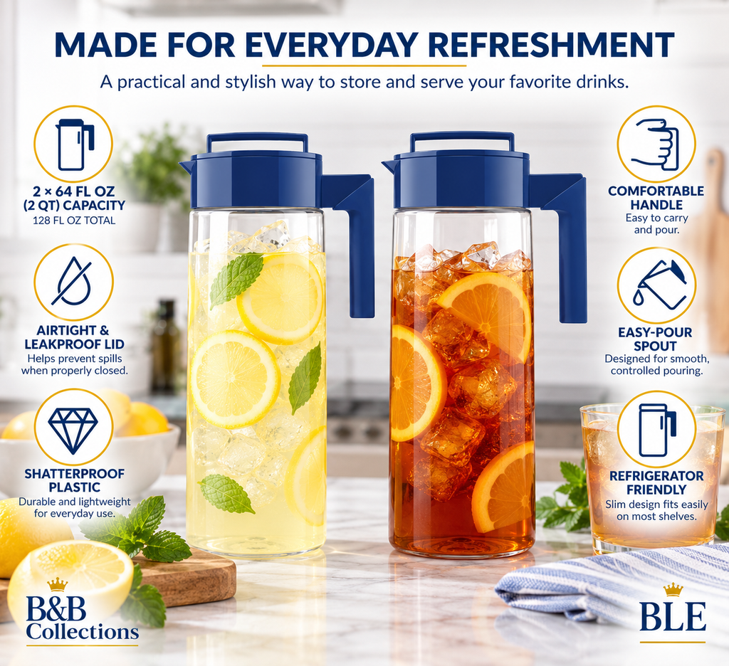 Takeya 2 QT Airtight Pitcher, Shatterproof Leakproof Beverage Container with Lid, Handle & Pour Spout, BPA-Free Plastic, 64 oz, 2 Pack