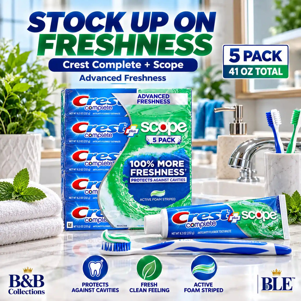 Crest Complete Plus Scope Advanced Freshness Anticavity Fluoride Toothpaste, Active Foam Striped, 8.2 oz Each, 5 Pack, 41 oz Total