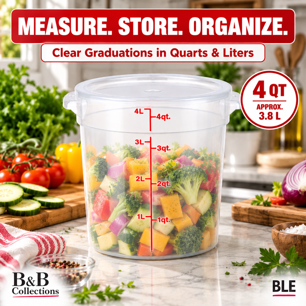 4 Qt Round Food Storage Container with Lid, Clear Graduated Container, Red Quart & Liter Measurement Markings, 3.8 L Capacity