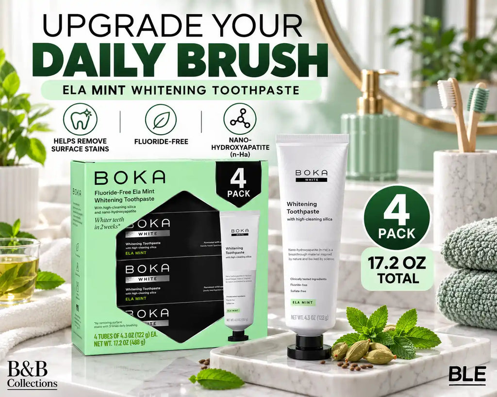 Boka Fluoride-Free Ela Mint Whitening Toothpaste with Nano-Hydroxyapatite & High-Cleaning Silica, 4.3 oz Tubes, 4 Pack, 17.2 oz Total