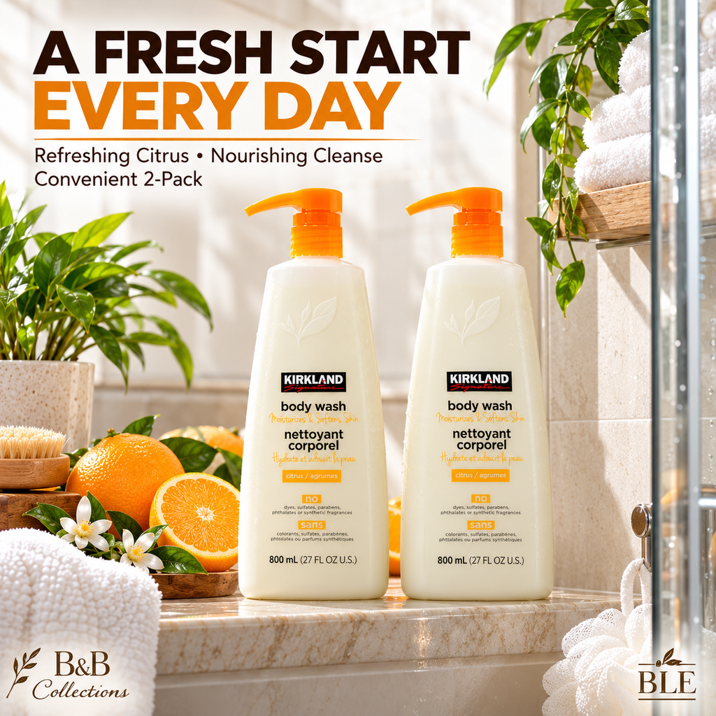 Kirkland Signature Citrus Body Wash, 2-Pack, 27 fl oz Each (54 fl oz Total) – Moisturizes & Softens Skin, Vegan Formula with Plant Extracts, Refreshing Citrus Scent, Pump Bottles