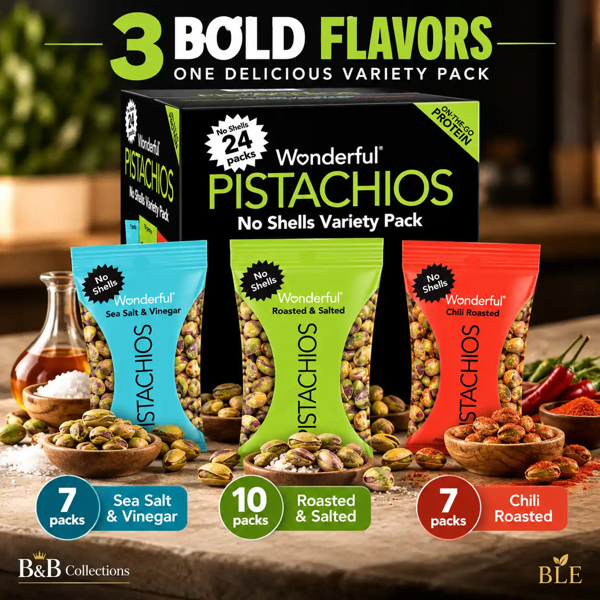 Wonderful Pistachios No Shells Variety Pack, 24 Individual Snack Bags, Roasted & Salted, Sea Salt & Vinegar, Chili Roasted, 0.75 oz Each, 18 oz Total