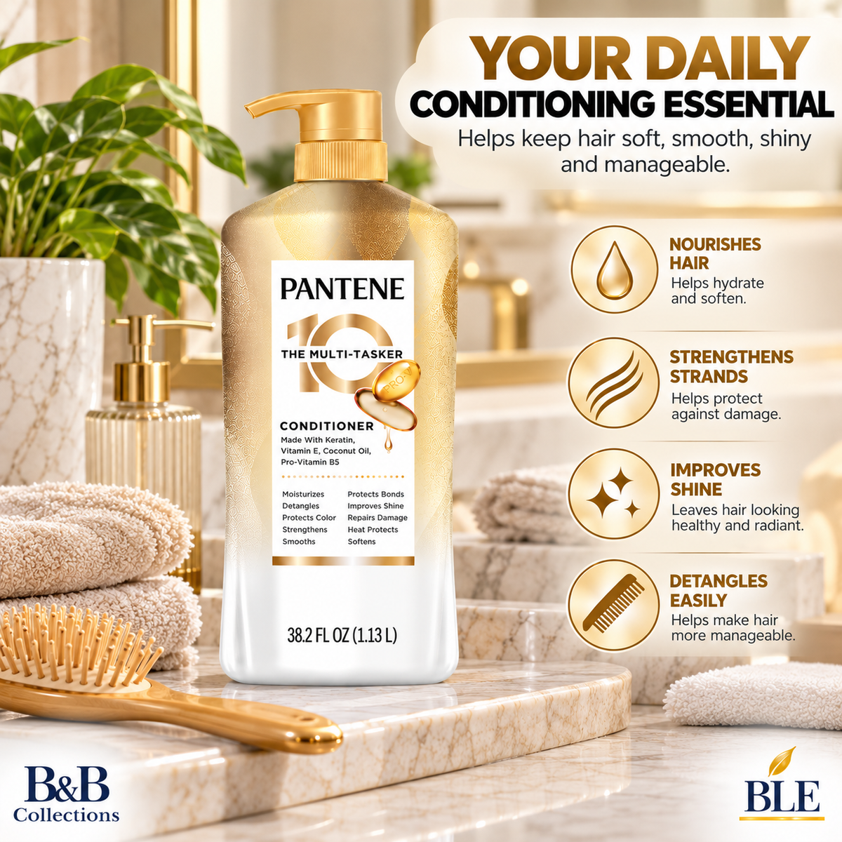 Pantene Pro-V 10 in 1 Multi-Tasker Conditioner, Keratin, Vitamin E & Coconut Oil, Moisturizing & Strengthening Hair Care, 38.2 fl oz