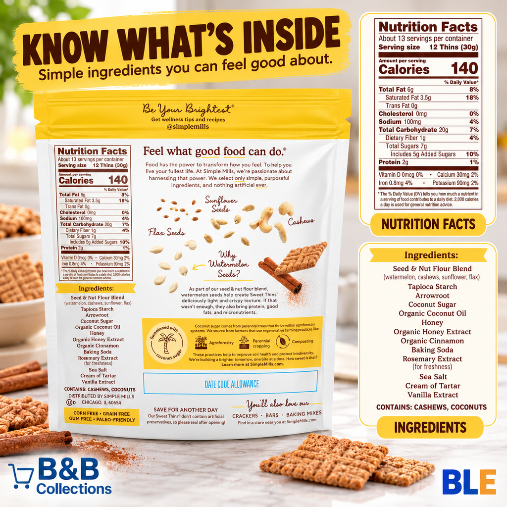 Simple Mills Sweet Thins Honey Cinnamon Cookies, Seed & Nut Flour, Gluten Free, Non-GMO, Paleo Friendly, 14 oz