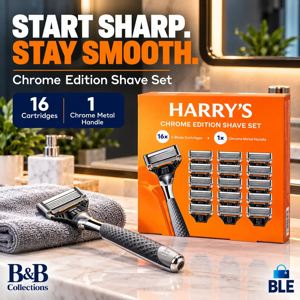 Harry’s Chrome Edition Shave Set, Chrome Metal Razor Handle + 16 Five-Blade Cartridges, 17-Piece Men’s Shaving Set