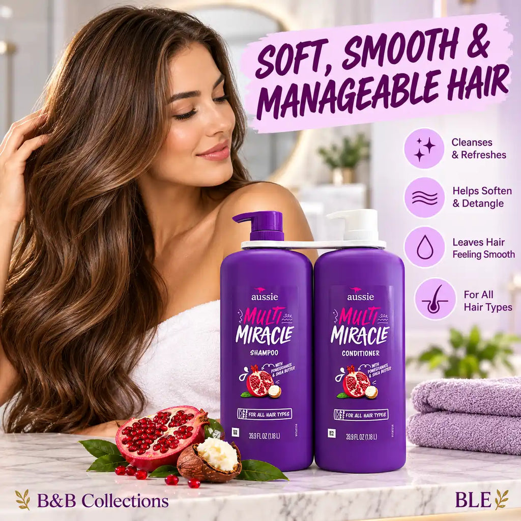 Aussie Multi Miracle Shampoo & Conditioner Set, 39.9 fl oz Each, with Pomegranate & Shea Butter, for All Hair Types (2-Pack)