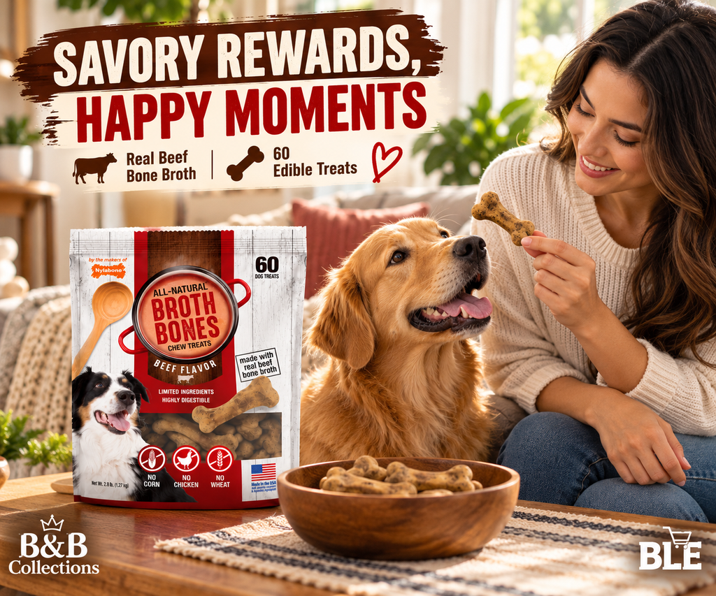 Nylabone Broth Bones All-Natural Edible Dog Chew Treats, Beef Flavor, Made with Real Beef Bone Broth, Highly Digestible, 60 Count