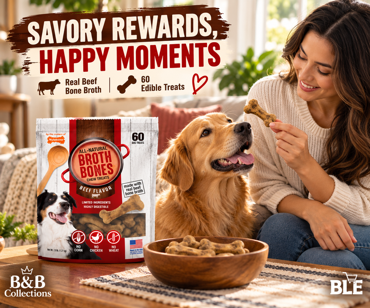 Nylabone Broth Bones All-Natural Edible Dog Chew Treats, Beef Flavor, Made with Real Beef Bone Broth, Highly Digestible, 60 Count
