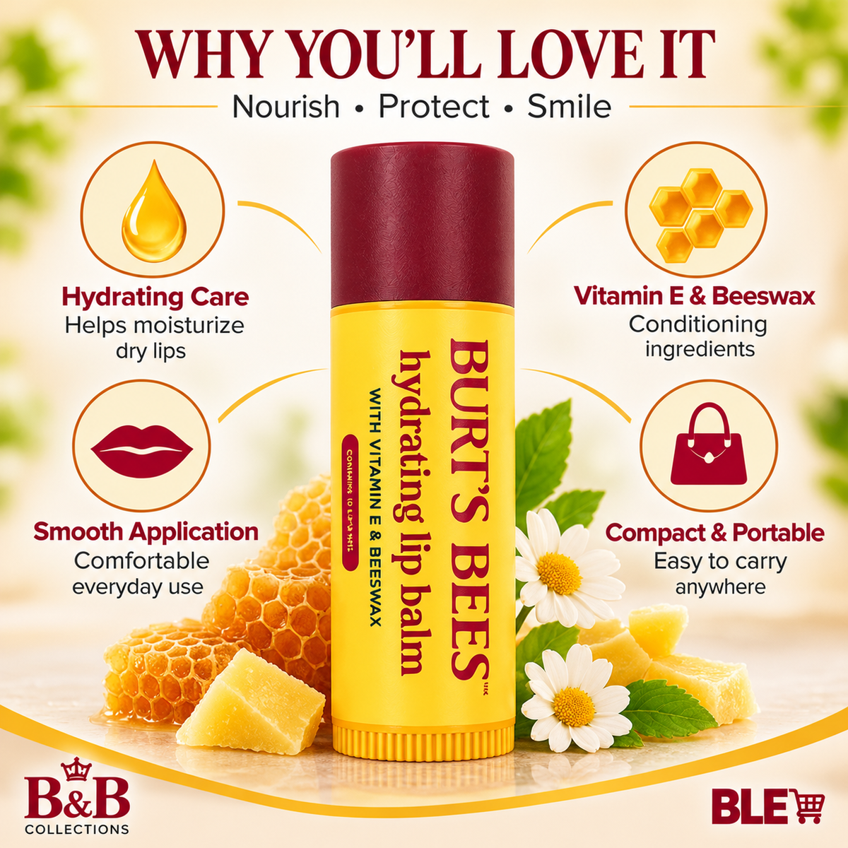 Burt’s Bees Hydrating Lip Balm with Vitamin E & Beeswax, Moisturizing Lip Care, Helps Soften and Smooth Dry Lips
