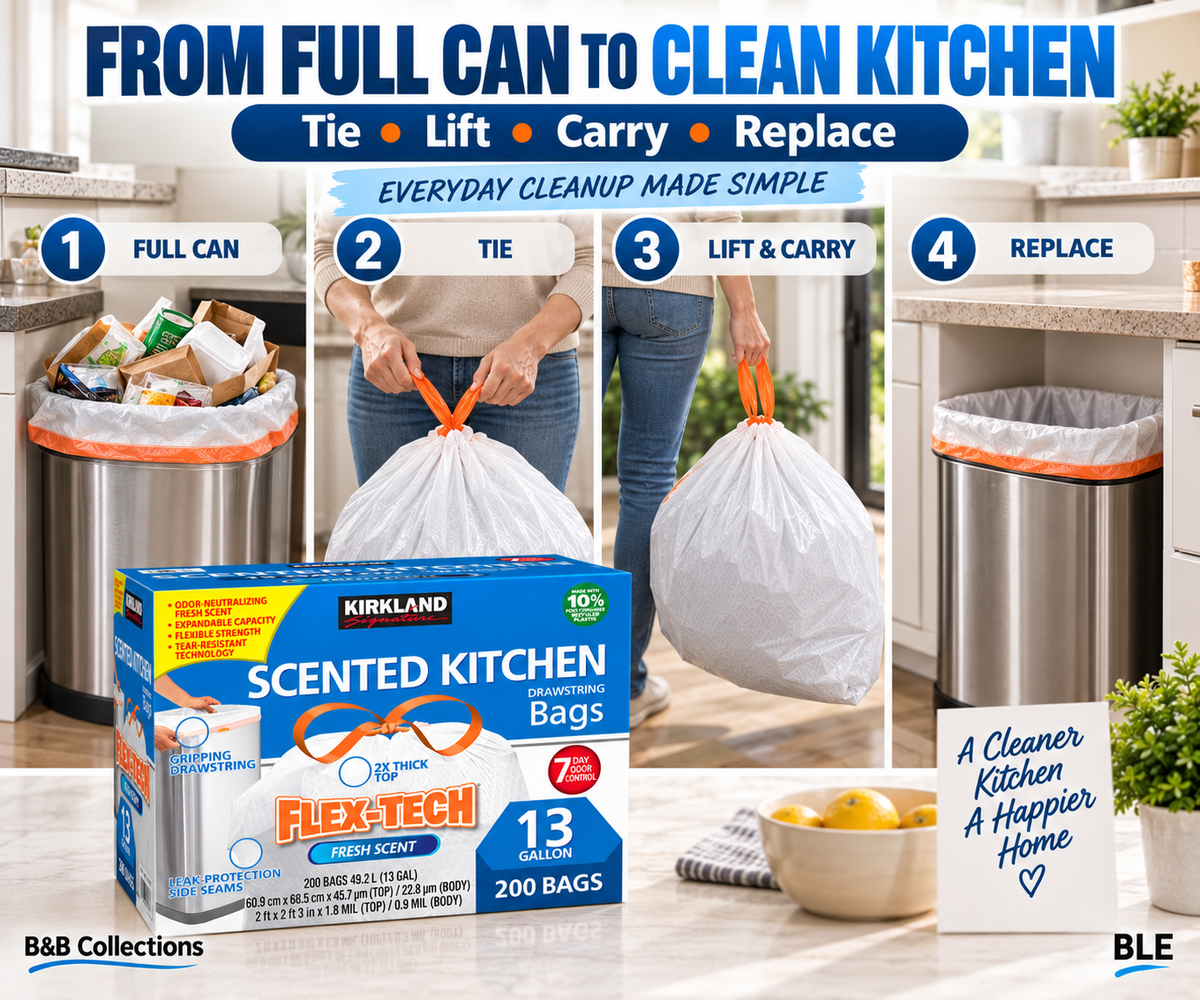 Kirkland Signature Flex-Tech Scented Kitchen Trash Bags, 13 Gallon, Fresh Scent, Drawstring, 200 Count