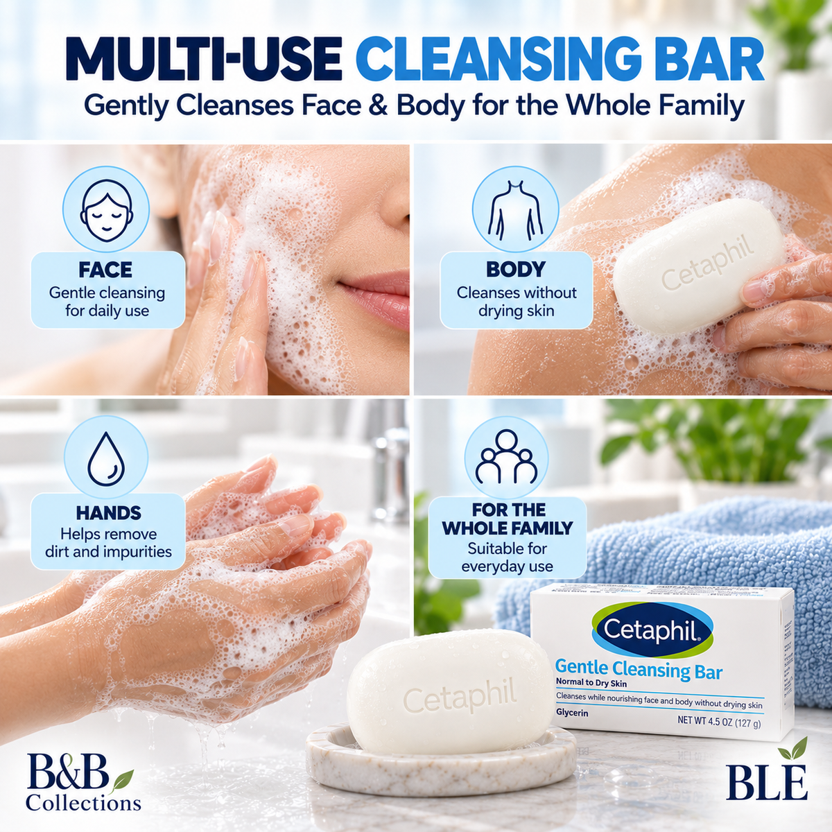 Cetaphil Gentle Cleansing Bar, 4.5 oz Each, 6-Pack, Moisturizing Soap Bar with Glycerin, Gentle Cleansing for Sensitive Skin