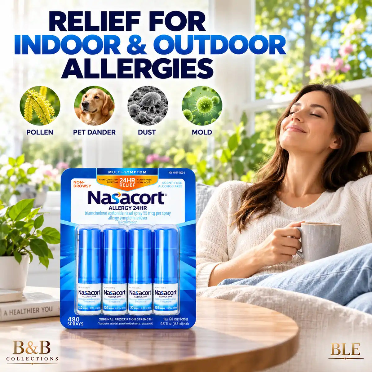 Nasacort Allergy 24HR Multi-Symptom Nasal Spray, 55 mcg, Non-Drowsy, Scent-Free & Alcohol-Free, 120 Sprays per Bottle, 480 Total Sprays, 4 Pack
