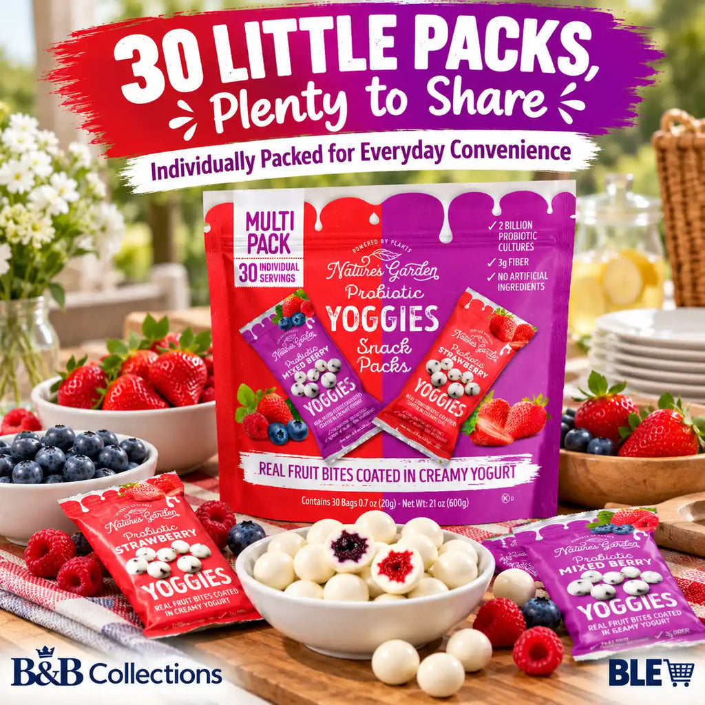 Nature’s Garden Probiotic Yoggies Snack Packs, Strawberry & Blueberry Yogurt-Coated Fruit Bites, 2 Billion Probiotic Cultures, 3g Fiber, 30 Individual Bags, 21 oz