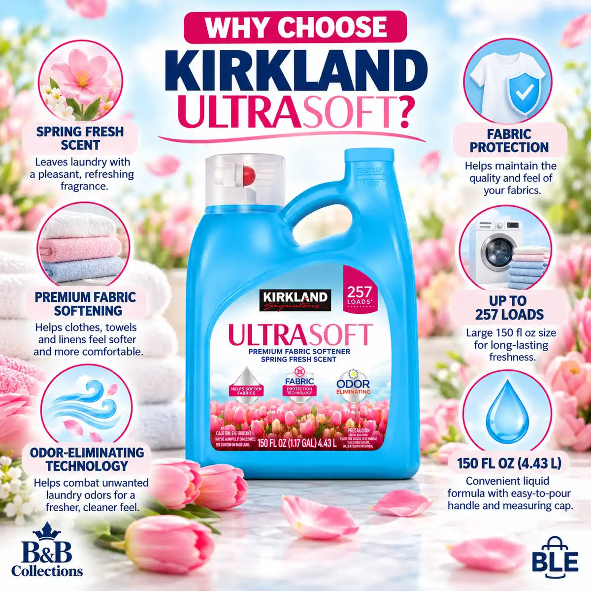 Kirkland Signature UltraSoft Premium Fabric Softener, Spring Fresh Scent, Odor Eliminating, Fabric Protection, 150 fl oz (4.43 L), 257 Loads