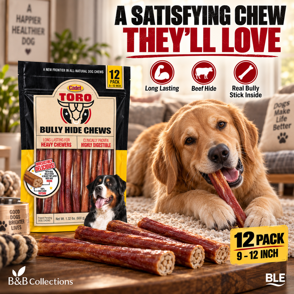 Cadet Toro Bully Hide Chews for Dogs, 9–12 Inch, Long Lasting Beef Hide Chews, 12 Pack, 1.32 lb