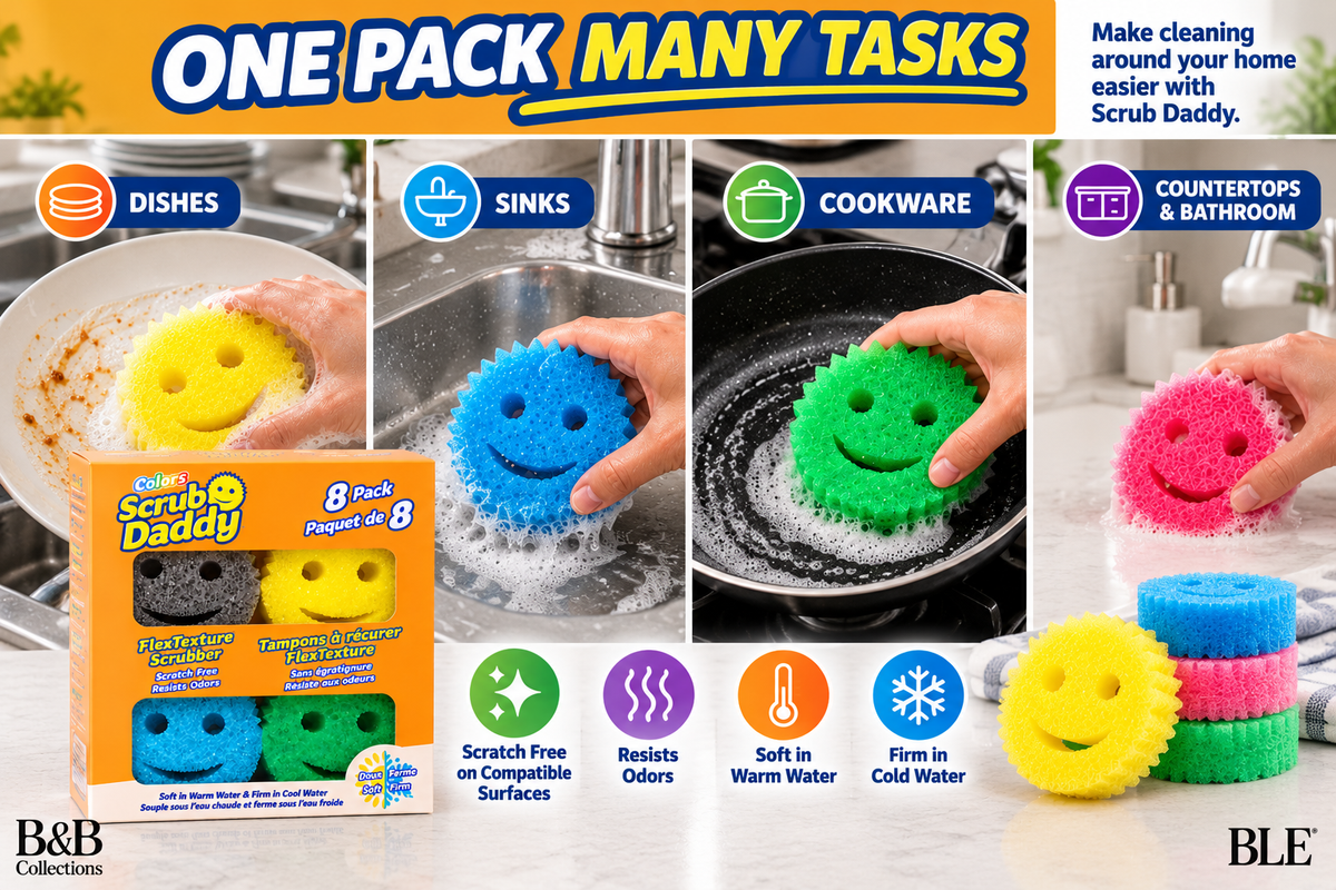Scrub Daddy Colors Variety Pack, 8 Count, FlexTexture Scratch-Free Scrub Sponges, Odor-Resistant, Firm in Cold Water & Soft in Warm Water, Multicolor