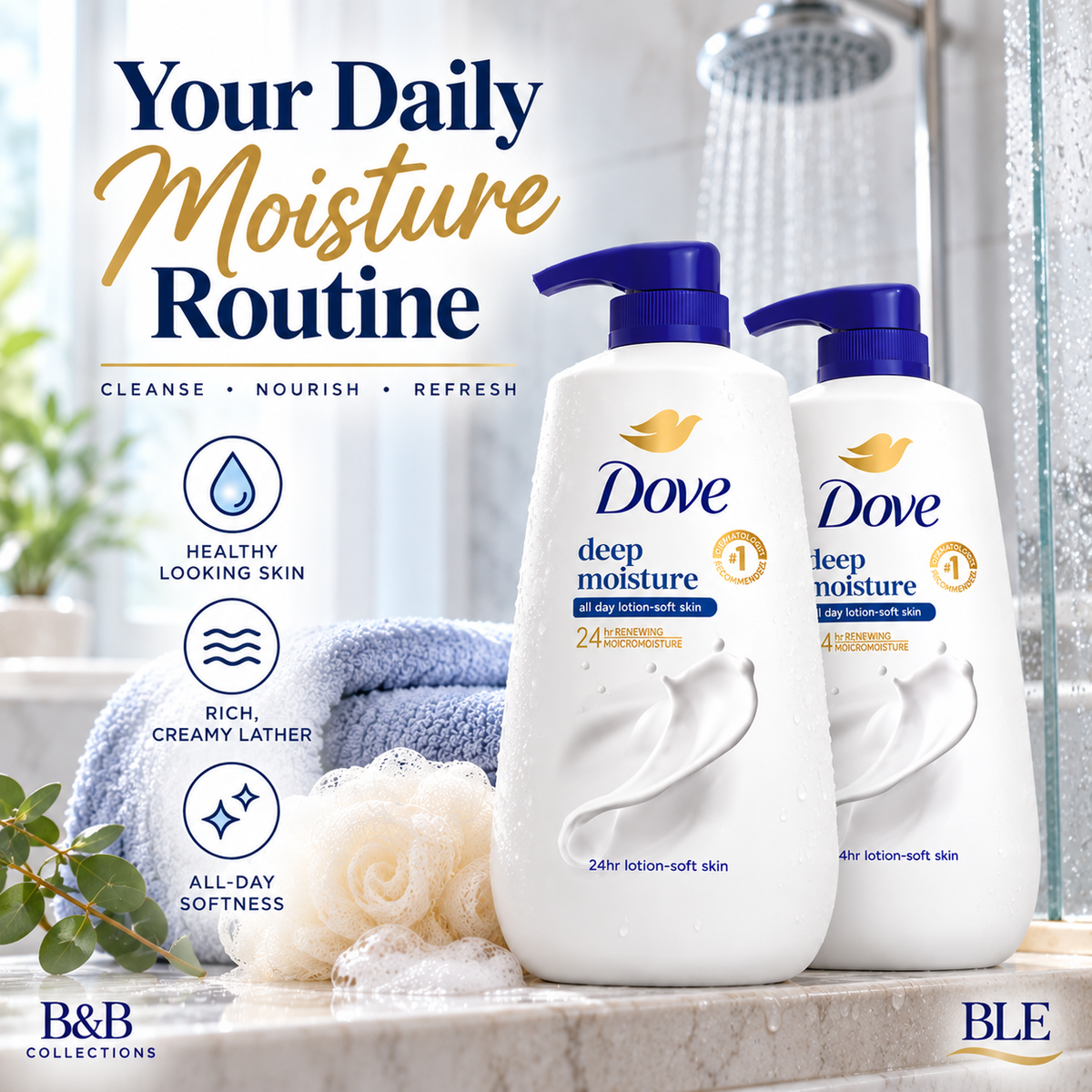 Dove Deep Moisture Body Wash with Pump, 30.6 fl oz Each, Pack of 2 – 24HR Moisturizing Body Cleanser for Soft, Smooth Skin, Paraben & Sulfate Free