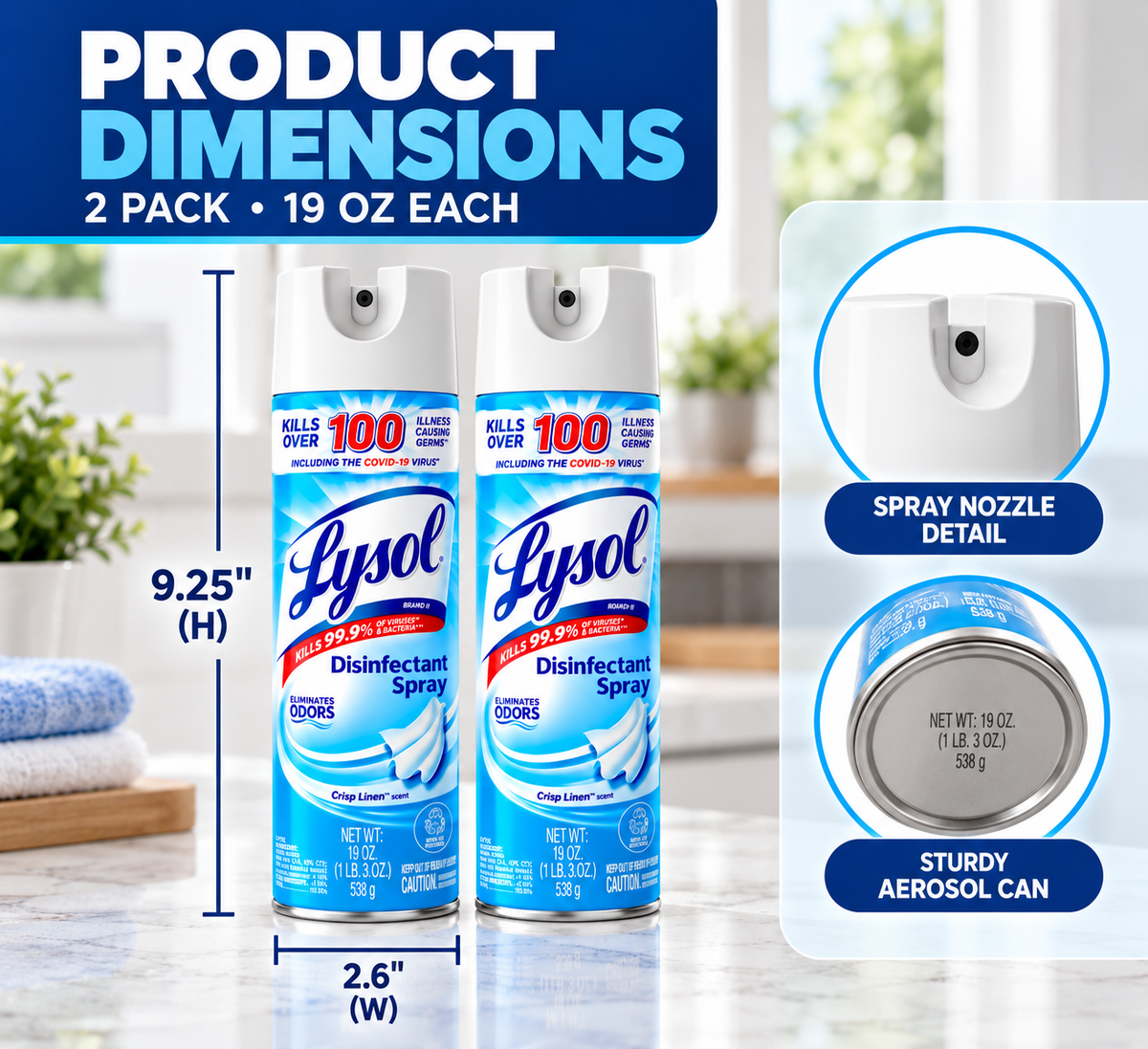 Lysol Disinfectant Spray, Sanitizing and Antibacterial Spray, Deodorizer, Crisp Linen, 19 oz (Pack of 2)