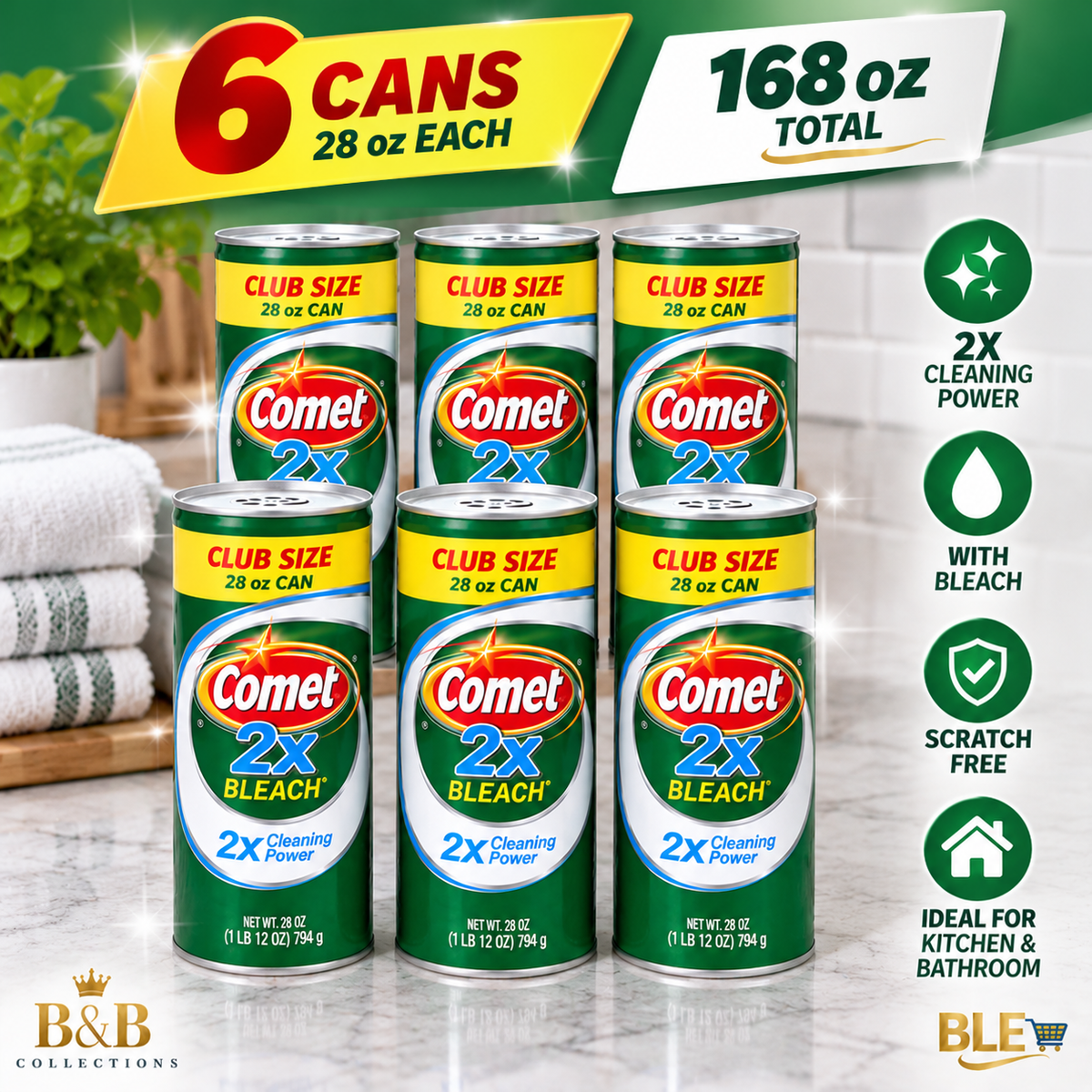 Comet 2X Bleach Powder Cleanser, 28 oz Cans, 6-Pack – Multi-Surface Cleaning Powder for Kitchen & Bathroom, Tough Stain & Grease Removal