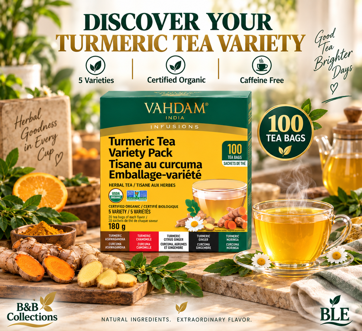 VAHDAM India Infusions Organic Turmeric Herbal Tea Variety Pack, Caffeine Free, 100 Tea Bags, 5 Varieties, 6.35 oz