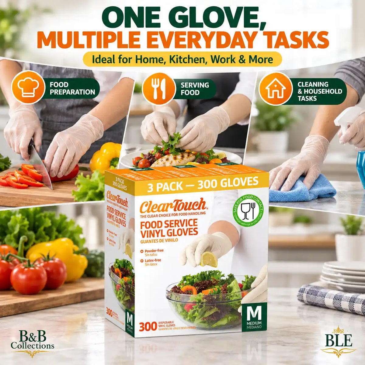 ClearTouch Food Service Vinyl Gloves, Medium Size, Powder-Free, Latex-Free, Disposable Gloves for Food Handling, Cooking, Cleaning & Everyday Use, 300 Count (3 Pack)