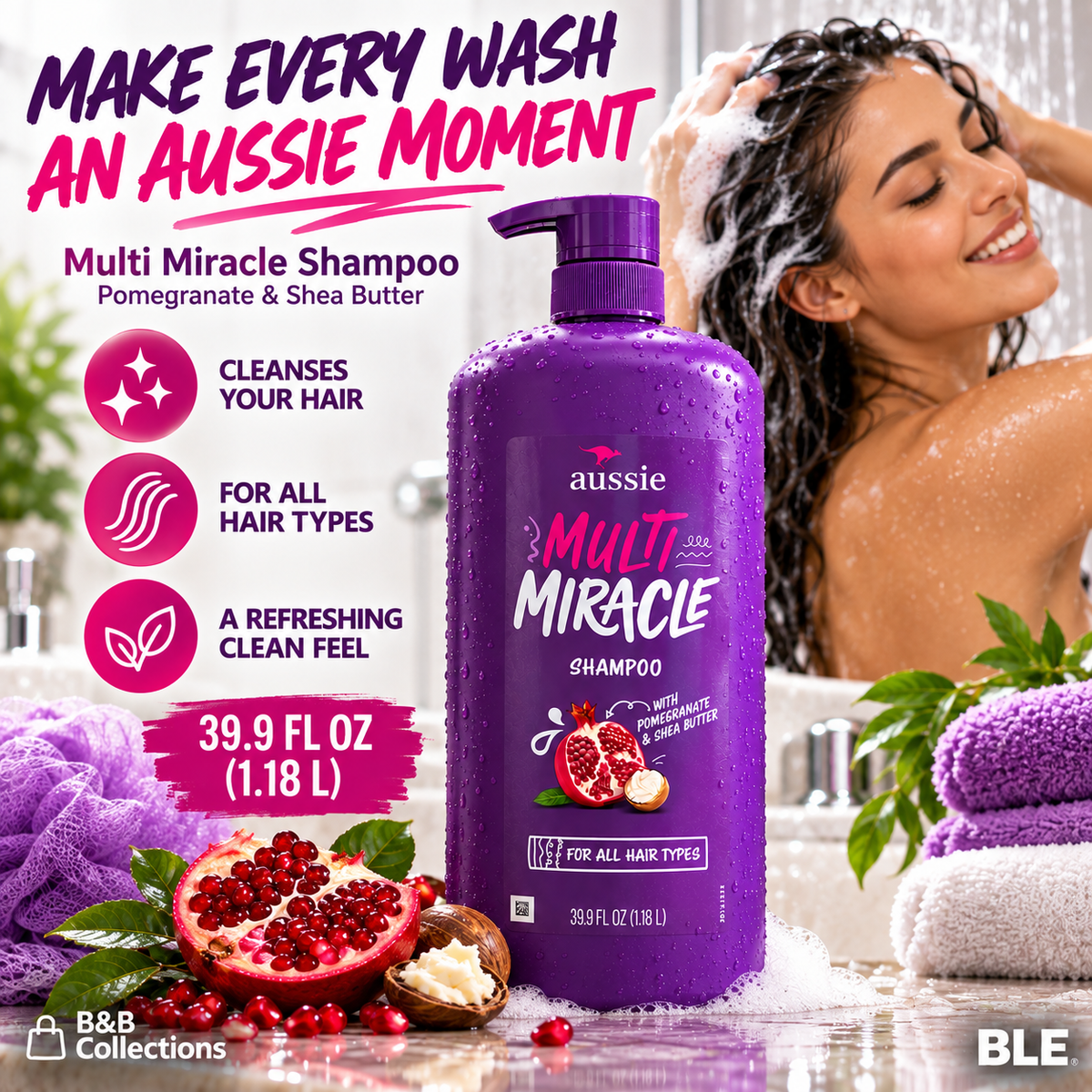 Aussie Multi Miracle Shampoo with Pomegranate & Shea Butter, For All Hair Types, 39.9 fl oz (1.18 L)