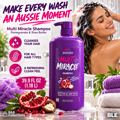 Aussie Multi Miracle Shampoo with Pomegranate & Shea Butter, For All Hair Types, 39.9 fl oz (1.18 L)