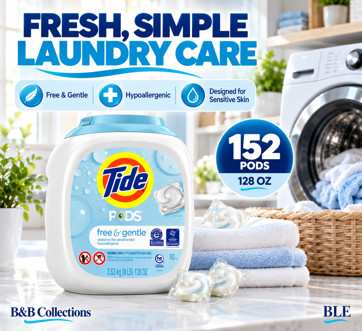 Tide PODS HE Laundry Detergent Pacs, Free & Gentle, Hypoallergenic, Sensitive Skin, 152 Count, 128 oz