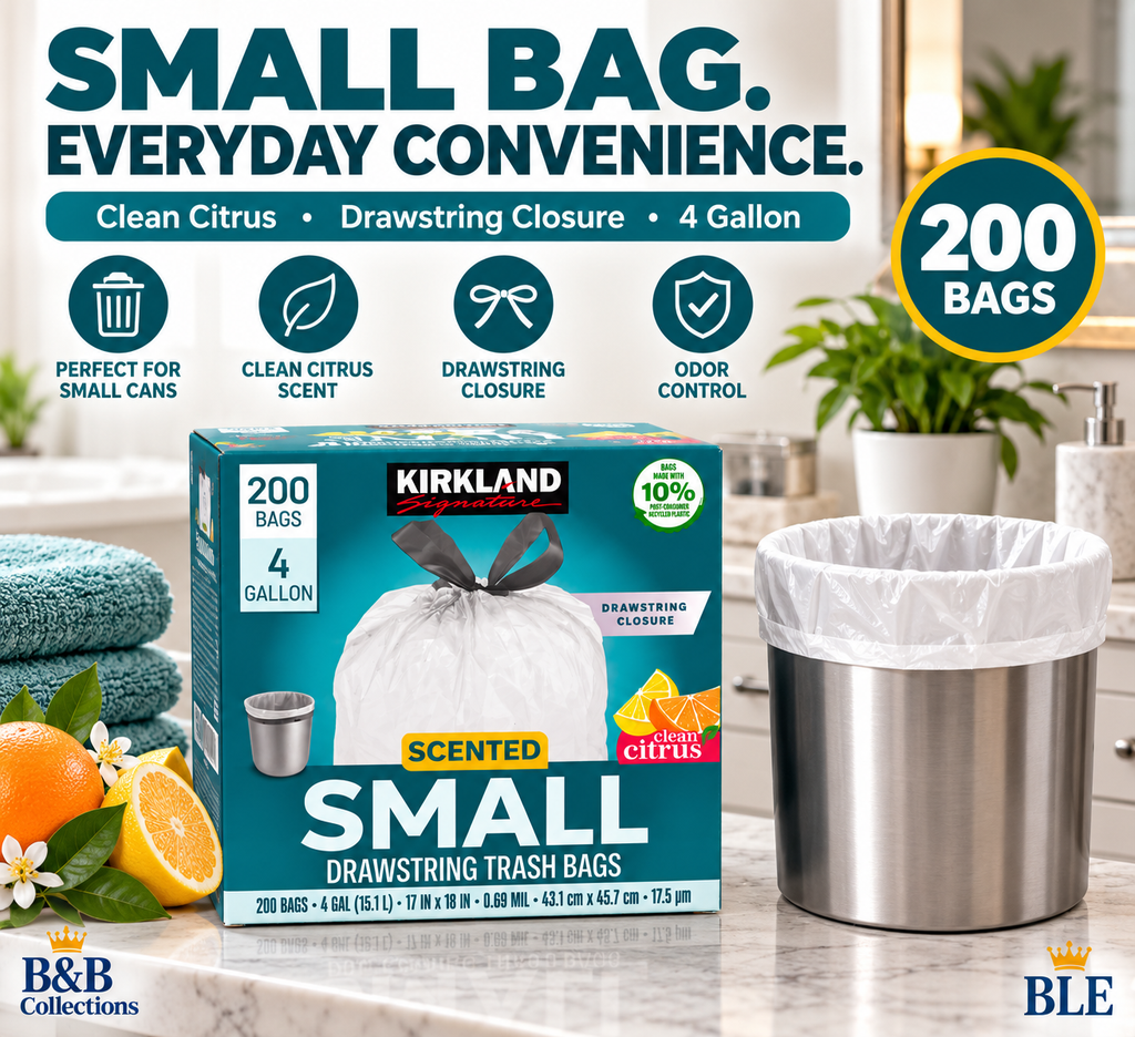 Kirkland Signature Scented Small Drawstring Trash Bags, 4 Gallon, Clean Citrus, 200 Count