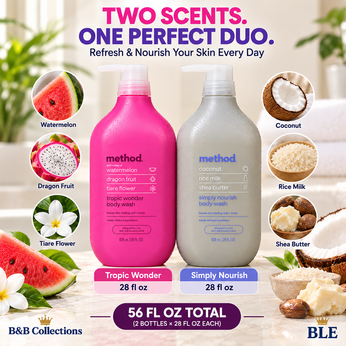 Method Body Wash 2-Pack, Tropic Wonder & Simply Nourish, 28 fl oz Each, Paraben-Free Body Wash with Watermelon, Coconut Milk & Shea Butter, 56 fl oz Total