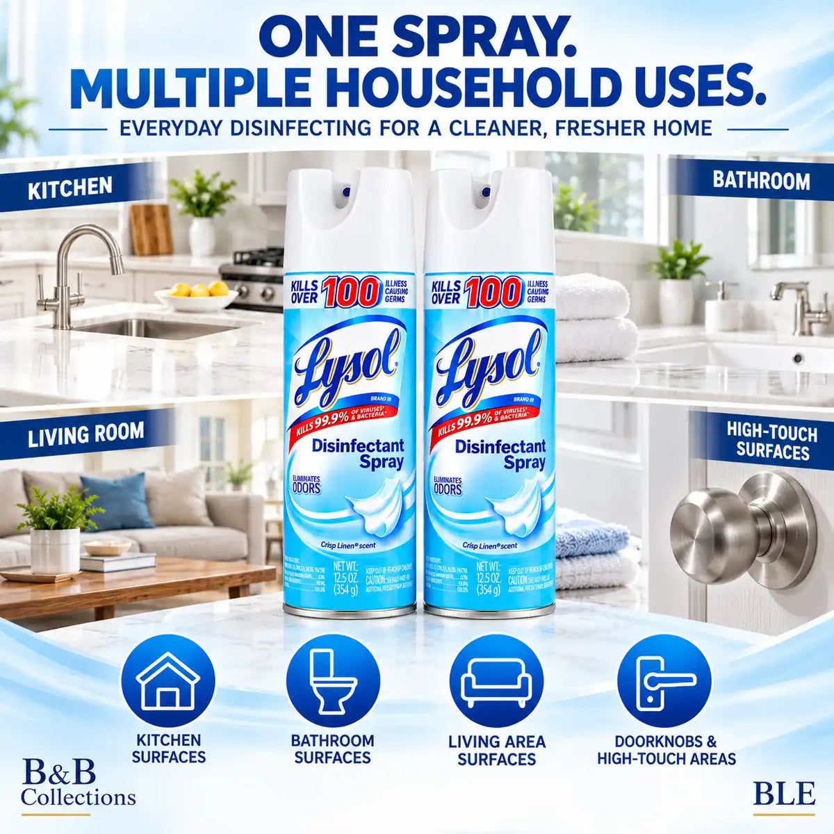 Lysol Disinfectant Spray, Crisp Linen Scent, Kills 99.9% of Viruses & Bacteria, Eliminates Odors, 12.5 oz Cans (Pack of 2)