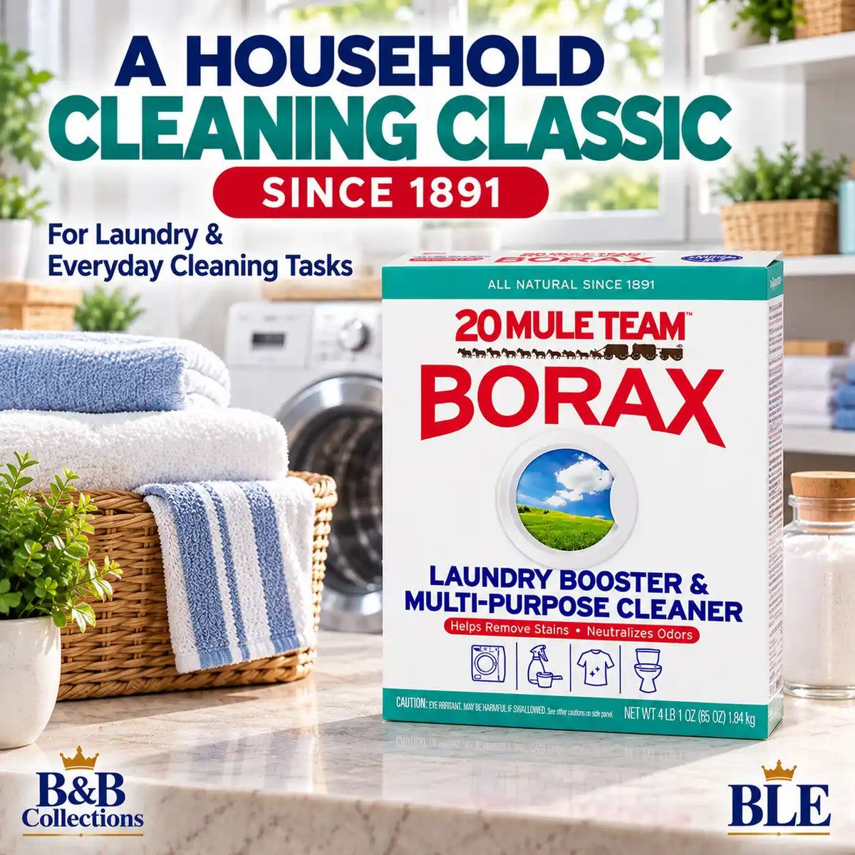 20 Mule Team Borax Laundry Booster & Multi-Purpose Household Cleaner, Helps Remove Stains & Neutralize Odors, All Natural, 4 lb (65 oz / 1.84 kg)