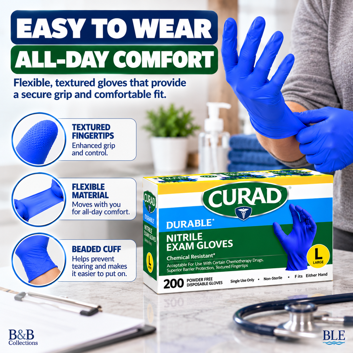 CURAD Durable Nitrile Exam Gloves, Large, Powder-Free, Chemical Resistant, Latex-Free, Disposable, Non-Sterile, 600 Count (3 Boxes of 200)