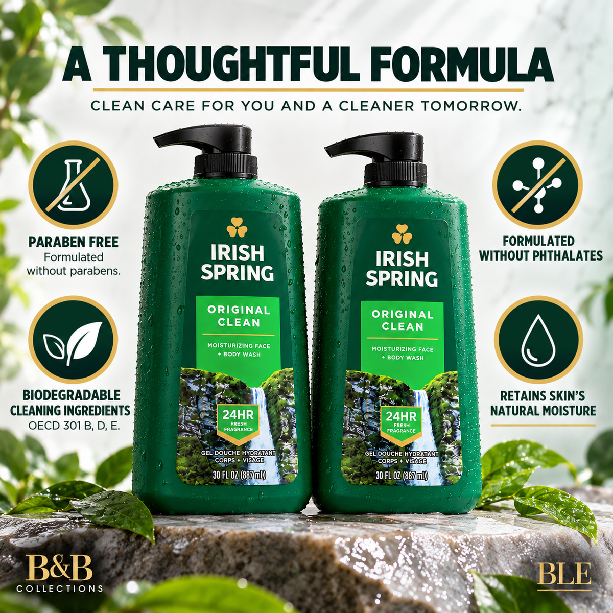Irish Spring Original Clean Body Wash for Men, Moisturizing Face & Body Wash, 24-Hour Freshness, 30 fl oz Each (Pack of 2, 60 fl oz Total)