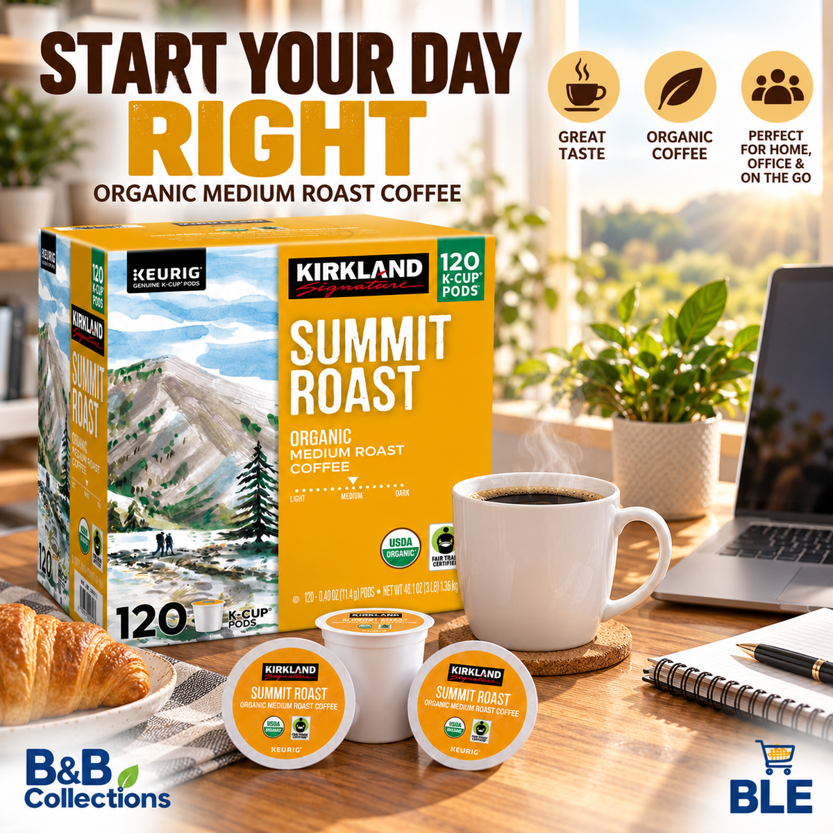 Kirkland Signature Summit Roast Organic Medium Roast Coffee, Keurig K-Cup Pods, USDA Organic, Fair Trade Certified, 120 Count