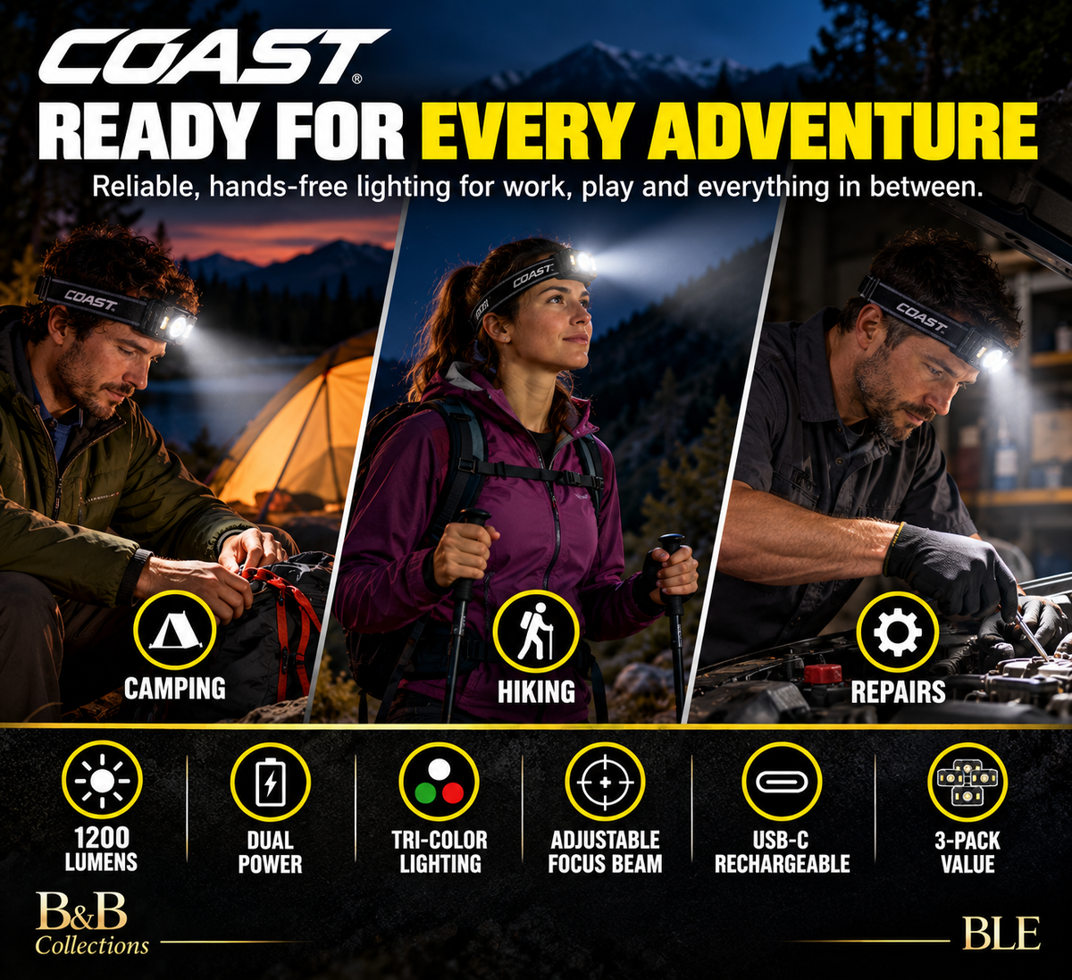 COAST CH1200R Rechargeable Dual Power LED Headlamp 3-Pack, 1200 Lumens, USB-C Rechargeable, Tri-Color Lighting, Adjustable Focus Beam