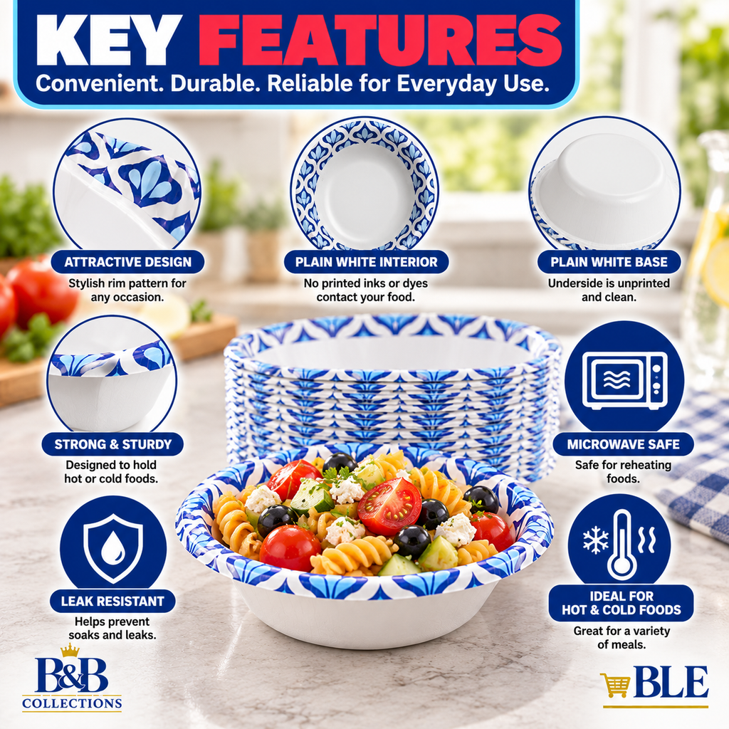 Dixie Ultra 20 oz Disposable Paper Bowls, Heavy-Duty, Soak-Proof, Microwave-Safe, Cut-Resistant, Blue & White Design, 135 Count