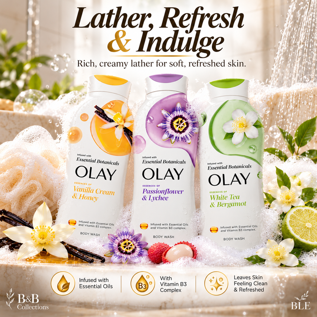 Olay Essential Botanicals Body Wash Variety Pack, Vanilla Cream & Honey, Passionflower & Lychee, White Tea & Bergamot, Essential Oil Infused, 23.6 fl oz Each, 3-Pack
