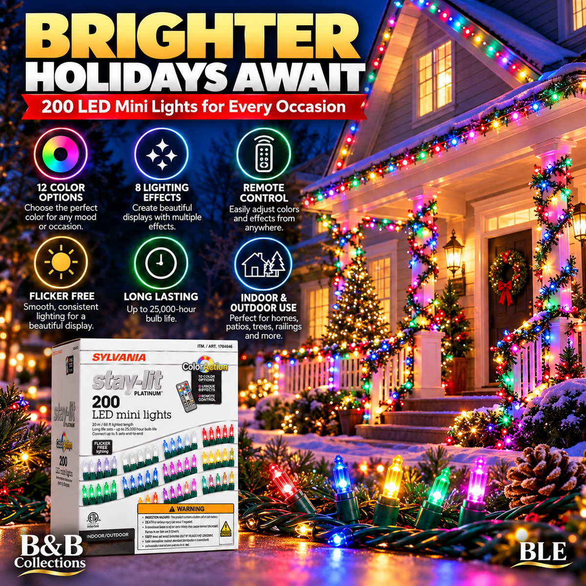 SYLVANIA Stay-Lit Platinum ColorAction 200 LED Mini String Lights, 12 Color Options, 8 Lighting Effects, Remote Control, Indoor/Outdoor, 66 ft