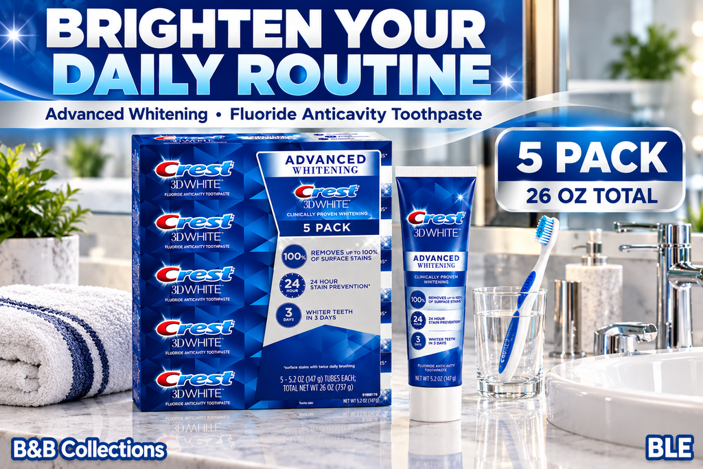 Crest 3D White Advanced Whitening Fluoride Anticavity Toothpaste, 5.2 oz Tubes, 5 Pack, 26 oz Total