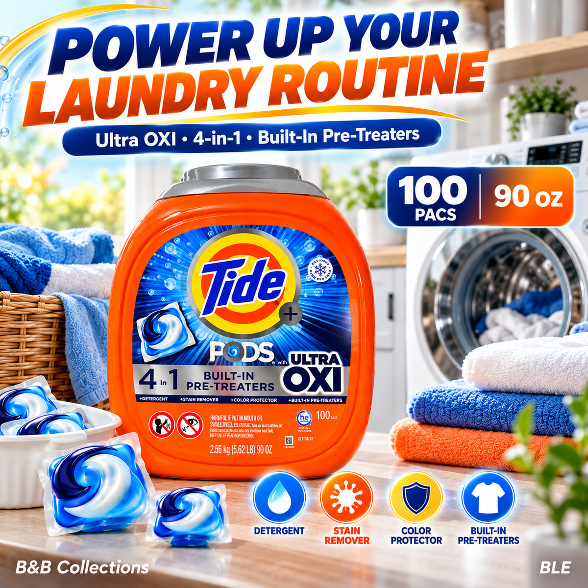 Tide PODS + Ultra OXI Laundry Detergent Pacs, 4-in-1 with Built-In Pre-Treaters, HE Compatible, 100 Count, 90 oz