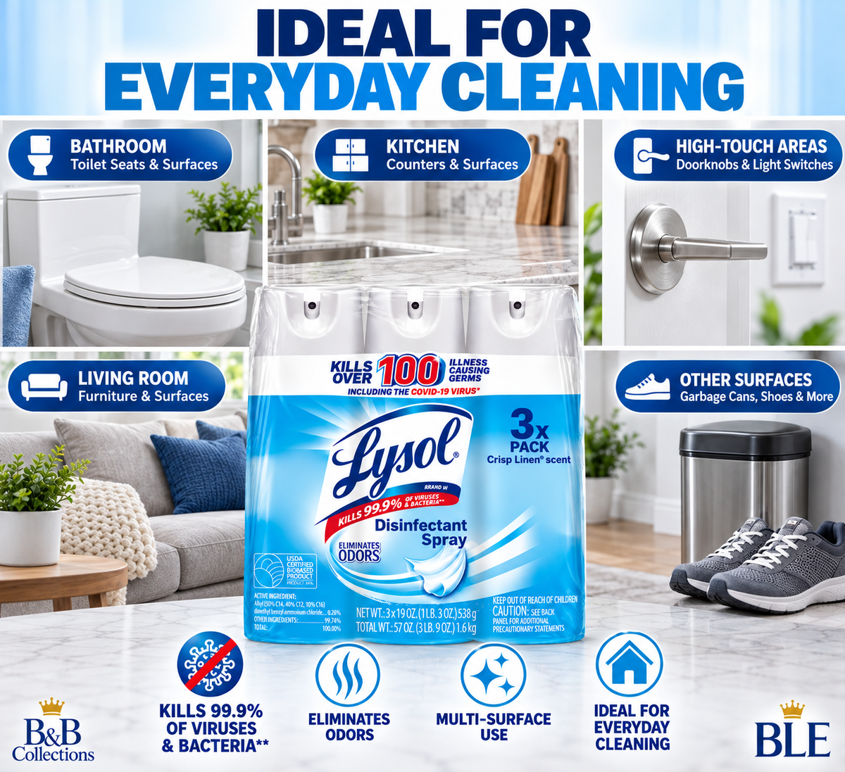 Lysol Disinfectant Spray, Crisp Linen Scent, 19 oz Cans, Kills 99.9% of Viruses & Bacteria, Odor Eliminator, Multi-Surface Disinfecting Spray, 3 Pack