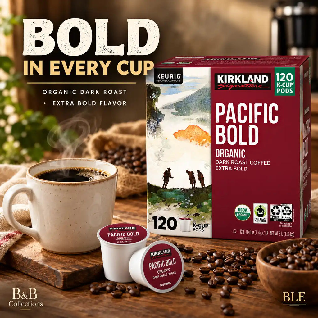 Kirkland Signature Pacific Bold Organic Dark Roast Coffee, Extra Bold, Fair Trade Certified, Keurig K-Cup Pods, 120 Count