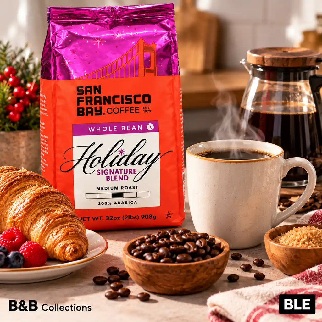 San Francisco Bay Coffee Holiday Signature Blend, Medium Roast, 100% Arabica Whole Bean Coffee, Sweet & Smooth with Notes of Milk Chocolate & Baking Spices, 32 oz (2 lb)