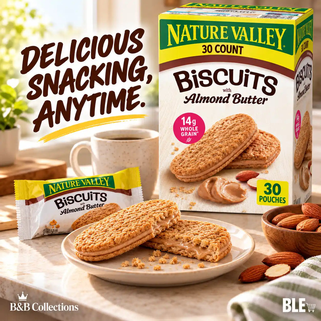 Nature Valley Biscuits with Almond Butter, Whole Grain Sandwich Biscuits, 14g Whole Grain, Individually Wrapped Snack Pouches, 30 Count