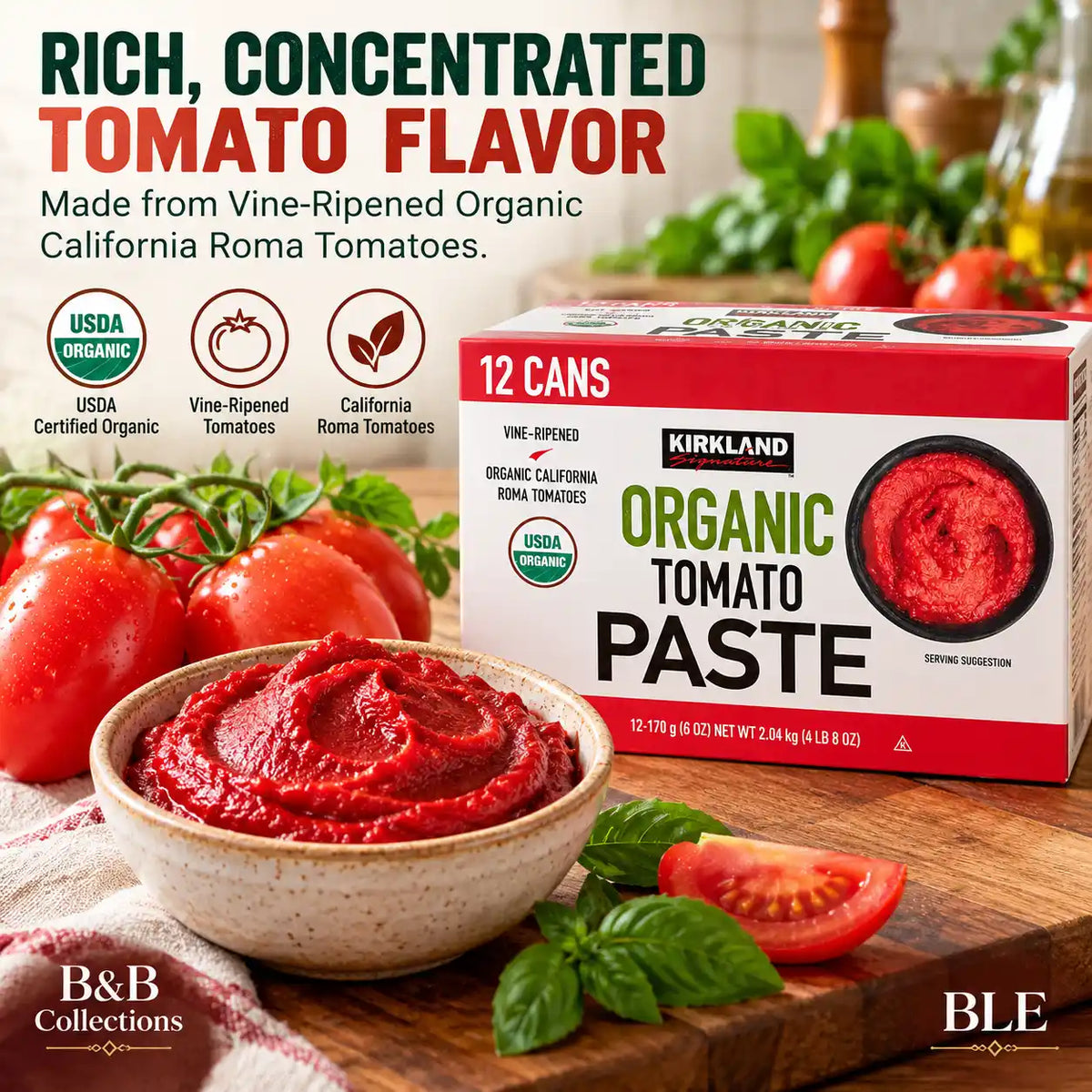 Kirkland Signature Organic Tomato Paste, USDA Organic, Vine-Ripened California Roma Tomatoes, 6 oz Cans, 12-Pack (72 oz Total)