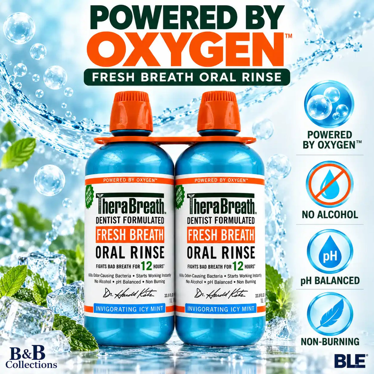 TheraBreath Fresh Breath Oral Rinse, Invigorating Icy Mint, Alcohol-Free Mouthwash, 1 L Bottles, 2 Pack