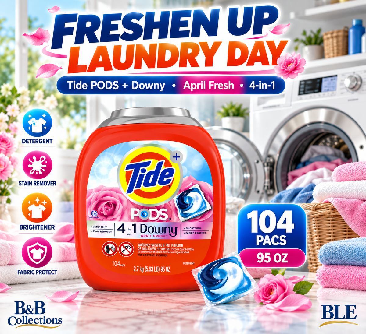 Tide PODS + Downy 4-in-1 Laundry Detergent Pacs, April Fresh, Stain Remover, Brightener & Fabric Protect, 104 Count, 95 oz
