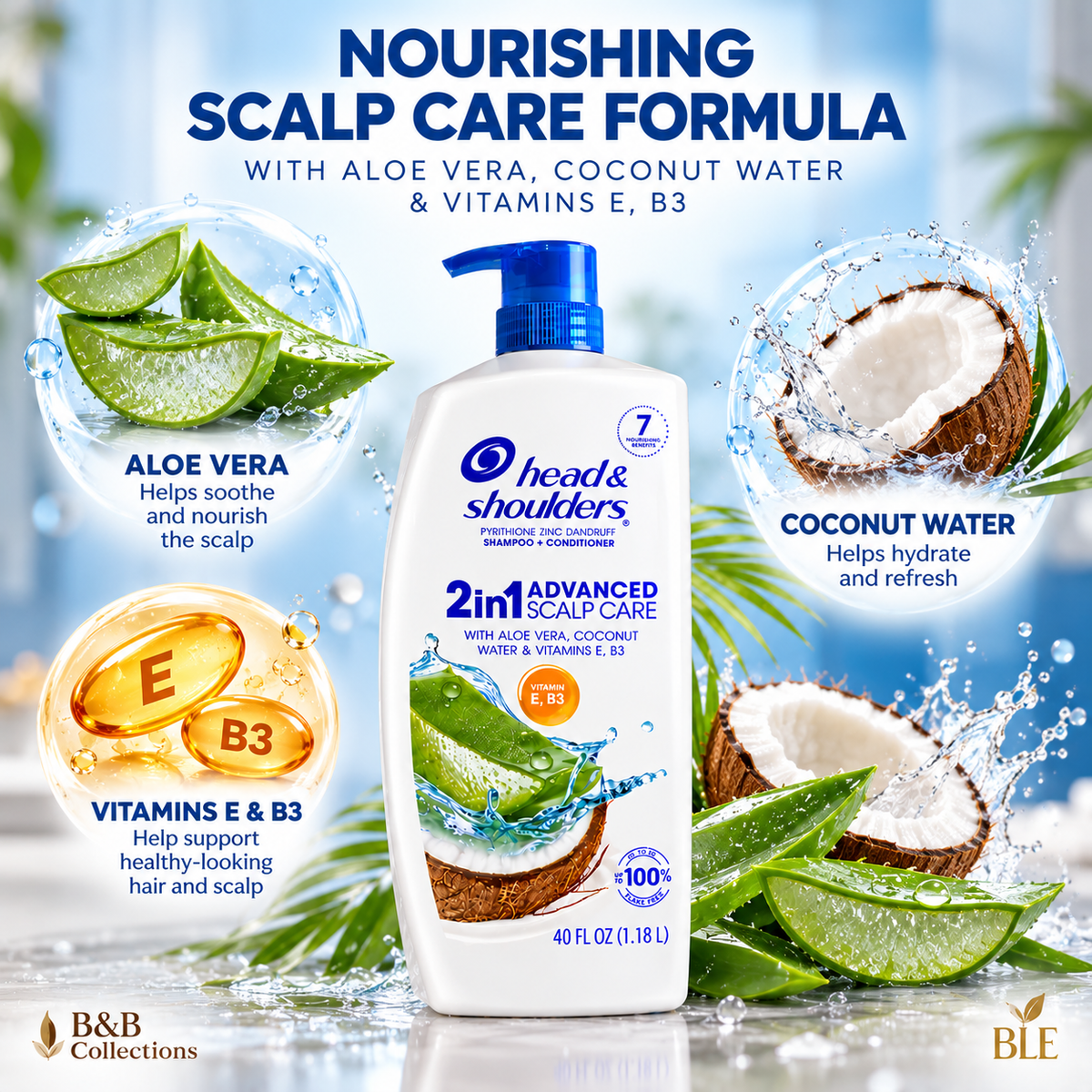 Head & Shoulders 2-in-1 Advanced Scalp Care Anti-Dandruff Shampoo & Conditioner with Aloe & Coconut Water, Vitamin E & B3, 40 fl oz